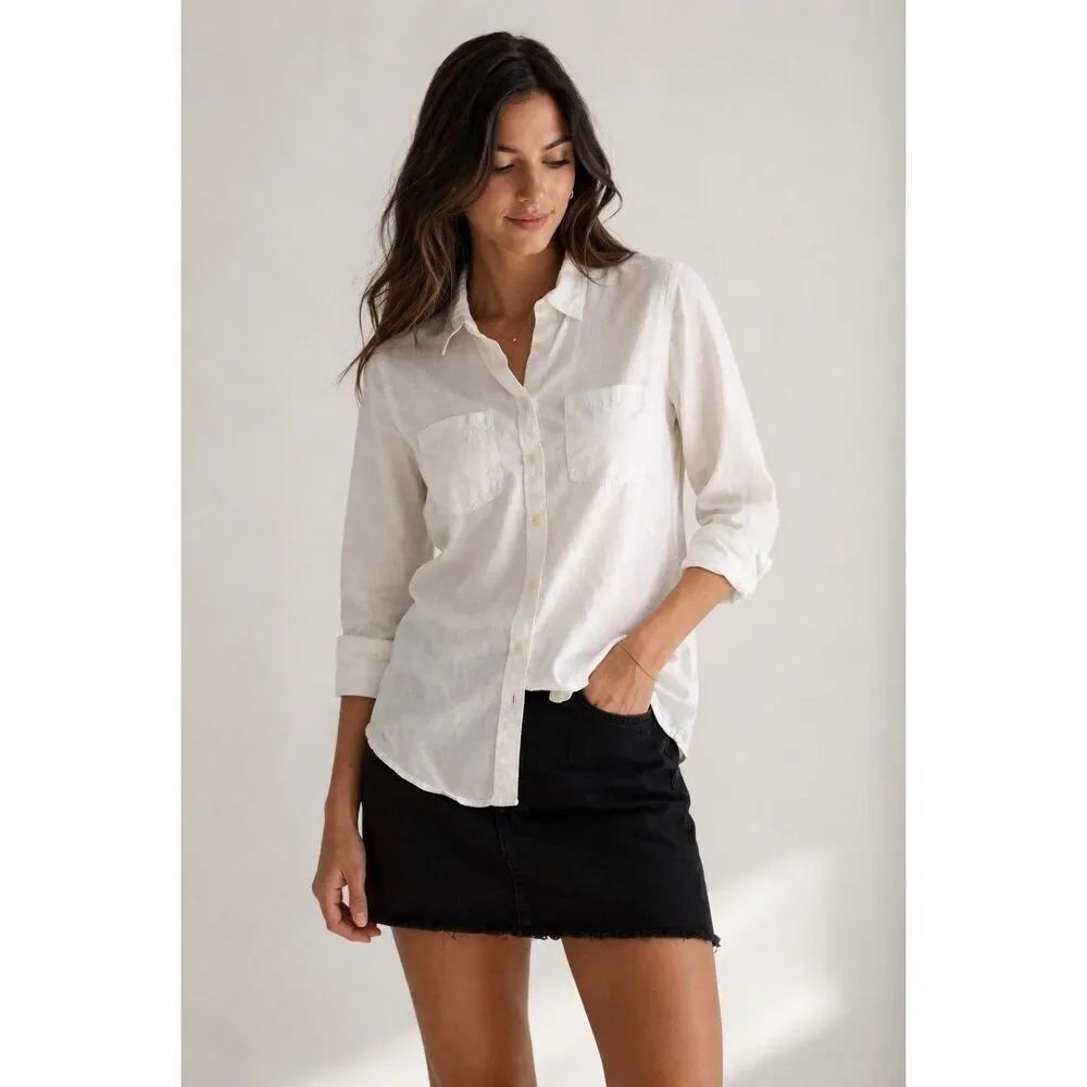 Lucky Brand White Lyocell Button Up Shirt Womens Medium